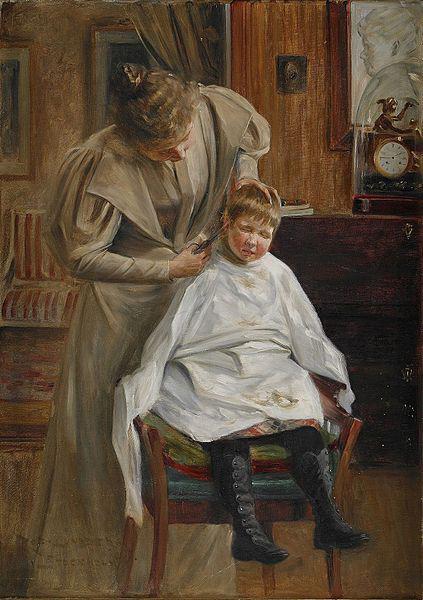Robert Lundberg Mother cutting the hair oil painting picture